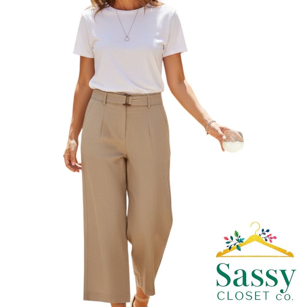 BCX Tan Wide Leg Pants Accent Belt Pull On Waist Poly Lined Size S NWT